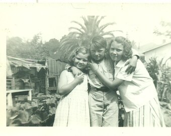 Imogene Sister Brother Hug Under Palm Tree Garden 1940s Vintage Photograph Black White Photo