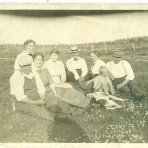 Farm Family Outside Summer Grass Dog Laying Asleep 1910s Antique RPPC Real Photo Postcard