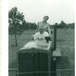 1955 Tractor Ride Farm Fun Old Man Teen Girl on Back Vintage Photo Black White Photograph
