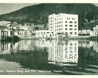 Ketchikan Alaska Federal Building Post Office City Harbor 1940s Vintage RPPC Real Photo Postcard