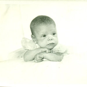 Shirly Cute Baby Face Head on Arms 1940s Photo Vintage Black White Photograph Picture
