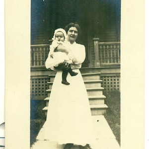 Edwardian Dress Mother Holding Baby Victorian Front Porch 1910s RPPC Real Photo Postcard Photograph