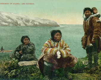 Eskimos of Alaska And Siberia Inuit Women Kayak Antique Color Postcard Unmailed