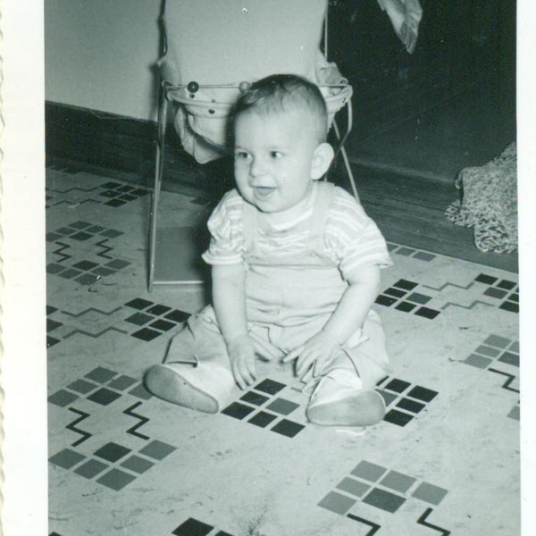 1950s Happy Baby Sitting on Rug High Chair Behind Floor 50s Vintage Photograph Black White Photo