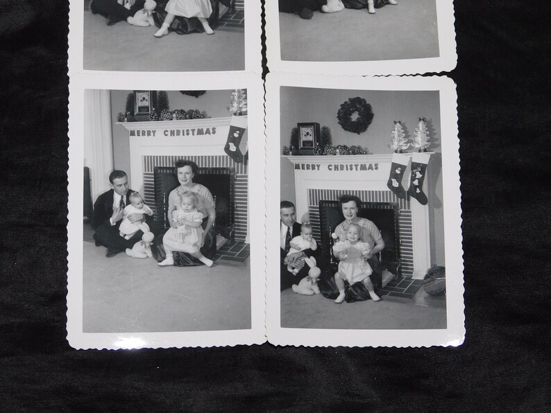 1950s 4 Attempts Family Christmas Photos With Baby Parents Fireplace Black White Photographs