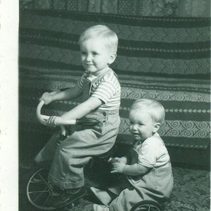 1940s Brothers on Tricycle Big Little Boy Riding Bike 40s Vintage Photograph Black White Photo