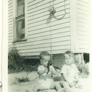 1940s Baby Brothers Playing Outside Dirt Leaves 40s Vintage Photo Black White Photograph