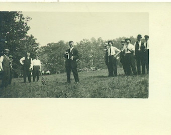 Man Drinkin Beer Cigarette in Center of Crowd RPPC Antique Vintage Photograph Real Photo Postcard