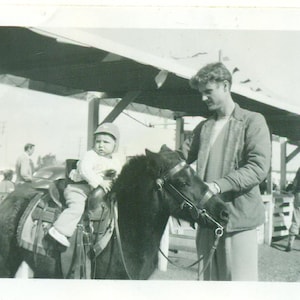 1940s Toddler Boy Black Pony Ride Fair Mini Horse Photo Black White Photograph
