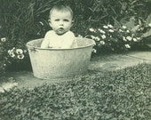 Wash Day Baby Bath in Metal Bucket Tub Outside Sidewalk Flower Garden 1920s Antique Vintage Black and White Photo Photograph