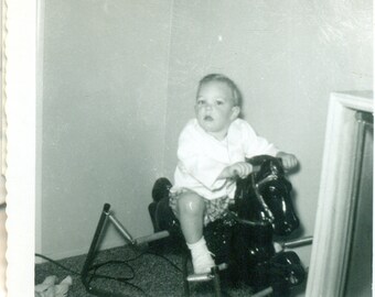 Baby on Riding Rocking Horse Toy Inside 1950s Vintage Photograph Black White Photo