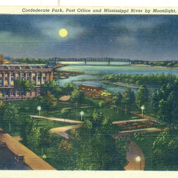Memphis TN Park Post Office Mississippi River by Moonlight Bridge Antique Color Postcard