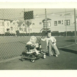 1930s Kids On Playground Toddler Pulling Baby Stroller Photo Black White Photograph