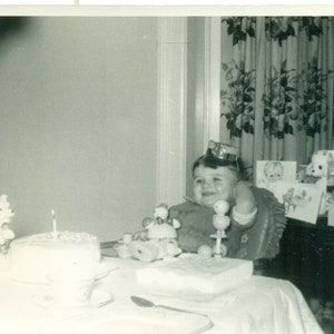 1940s First Birthday Baby Homemade Hat Sitting High Chair Toys 40s Vintage Photograph Black White Photo