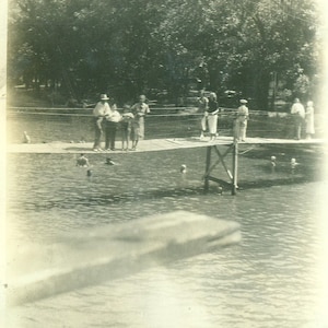 Sweetwater Texas TX Walking The Bridge over the Lake Family Swim Swimming Vintage Black and White Photo Photograph