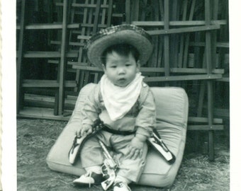 1957 Dean Asian American Cowboy Baby In Toy Gun Costume Vintage Black White Photo Photograph