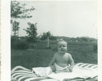 1956 Chubby Baby Girl Sitting Outside in Diaper Summer Sun 50s Vintage Photograph Black White Photo