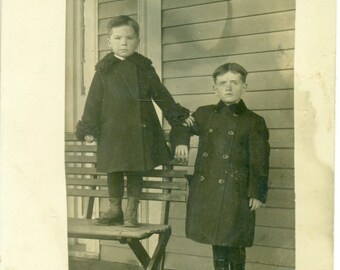 Raymond Donald Byrne Brothers Boys Standing on Bench Winter 1910s RPPC Real Photo Postcard Photograph
