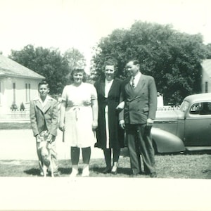 1940s Family Photo Boy Holding Dog Overweight Girl Parents 40s Vintage Photograph Black White Photo