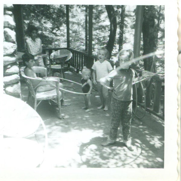 Summer Fun Girl Spraying Water Hose Hula Hoop Back Porch Kids 1950s Photo Vintage Black White Photograph Picture