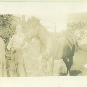 Old Farmer Holding His Horse Big Wife Chicken 1900s RPPC Real Photo Postcard Antique Photograph Black White Photo