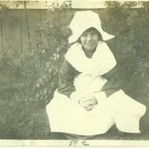 1920s Girl in Costume Milkmaid Bonnet Hat 20s Photograph Black White Photo