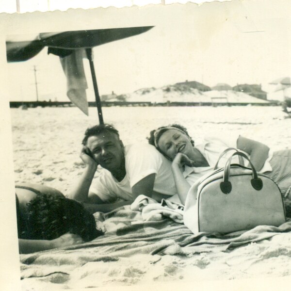 Loving Couple At The Beach Woman Laying On Frank Back Sand Vintage Black White Photo Photograph