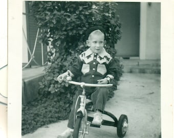 Little Cowboy Riding Tricycle 1950s Hat Western Shirt Boy Photo Black White Photograph