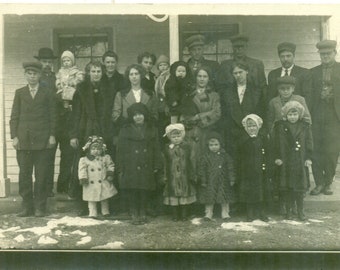 Cold Christmas Big Family Group Outside Farm House 1910s Antique RPPC Real Photo Postcard