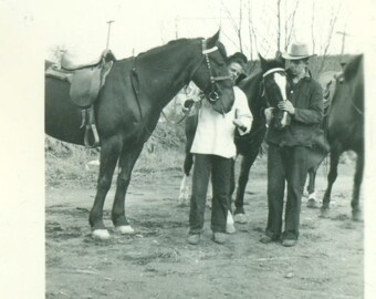 City Slickers Young Men Standing Trying to Hold Horses 1940s NY Dude Ranch Vintage Photo Snapshot Black White Photograph