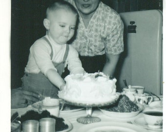 1960 Toddler Boy 2nd Birthday Hands in Cake Fist of Frosting 60s Vintage Photograph Black White Photo