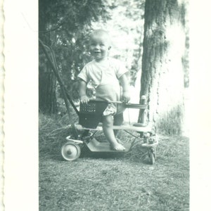 1940s Boy Standing in Stroller Walker 40s Vintage Photograph Black White Photo