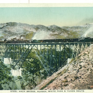 1920 Alaska White Pass & Yukon Route Ponte ad arco in acciaio Treno a vapore Cartolina a colori anticata non spedita