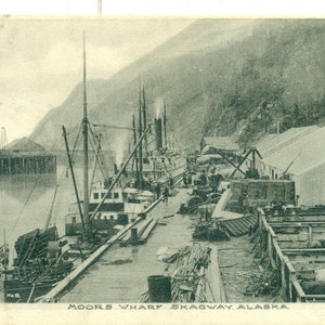 Moors Wharf Skagway Alaska Caricamento navi bestiame legname Cartolina antica del 1900