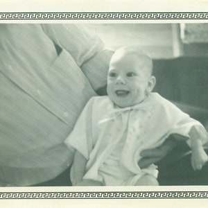 1950 Ronnie Happy Baby Boy Held by Grandpa 50s Vintage Photo Black White Photograph