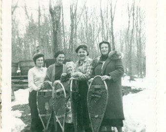 1950s Women Holding Snowshoes Short Grandma In Center Winter Vintage Black White Photo Photograph