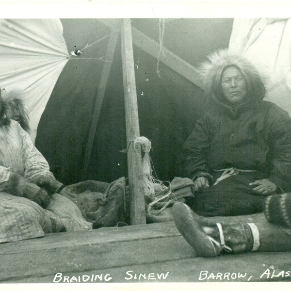Barrow Alaska Inuit Women Braiding Sinew Kuspuk Parka  RPPC Real Photo Postcard