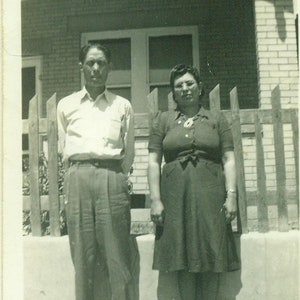 1950s Husband Wife Standing Outside Fence Porch Not Such a Good Marriage 50s Vintage Photograph Black White Photo