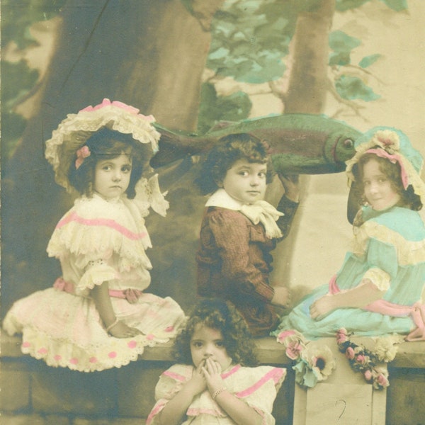 April 1st Spring Kids Sitting Flowers Antique French RPPC Postcard Colored Photograph Greeting Card