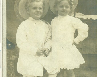 Twins Boy Sassy Sister Sun Hats Fancy Socks 1910s Antique RPPC Real Photo Postcard