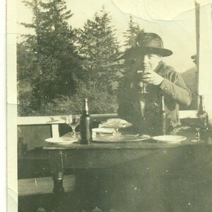 1920s Man Outside At Camp Ejoying a Glass of Real Beer Photo Black White Photograph