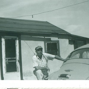 The Cool Guy Standing Outside Little House With Car 1940s 40s Vintage Photograph Black White Photo