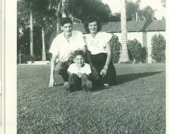 1940s California Family Sitting in Grass Palm Trees Mother Father Son Boy 40s Vintage Photograph Black White Photo