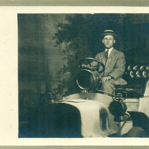 Sunday Driver Man Sitting in Convertible Car Studio Picture 1910s Antique RPPC Postcard Vintage Photo Photograph