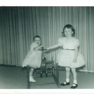 Little Girls Pretty Dress Playing on Bouncing Rocking Horse Toy 50s Photo Vintage Black White Photograph Picture
