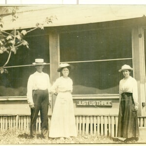 Just Us Three 3 People Sign Man Women Screened in Porch 1910s RPPC Postcard Vintage Photo Photograph