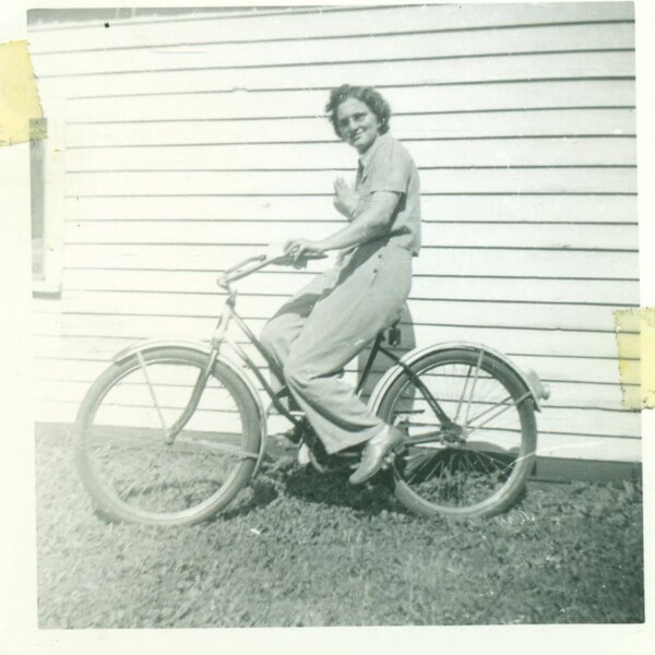 WW2 1942 WI Woman Riding Bicycle 1940s Pants World War 2 Vintage Black And White  Photo Photograph