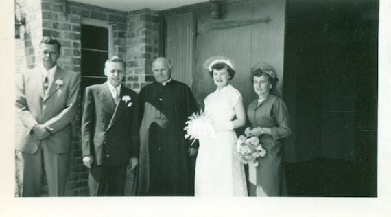 1940s Wedding Day Bride Simple White Mandarin Collar Dress Hat Flowers  Vintage Photo Black and White Photograph