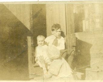 Mom Calming Baby White Brother Looks Sideways at Camera Antique Black White Photo Photograph