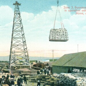 Nome Alaska John J Swenson Co Téléphérique Déchargement du grain du navire Dock Crane Couleur antique Carte postale sans courrier